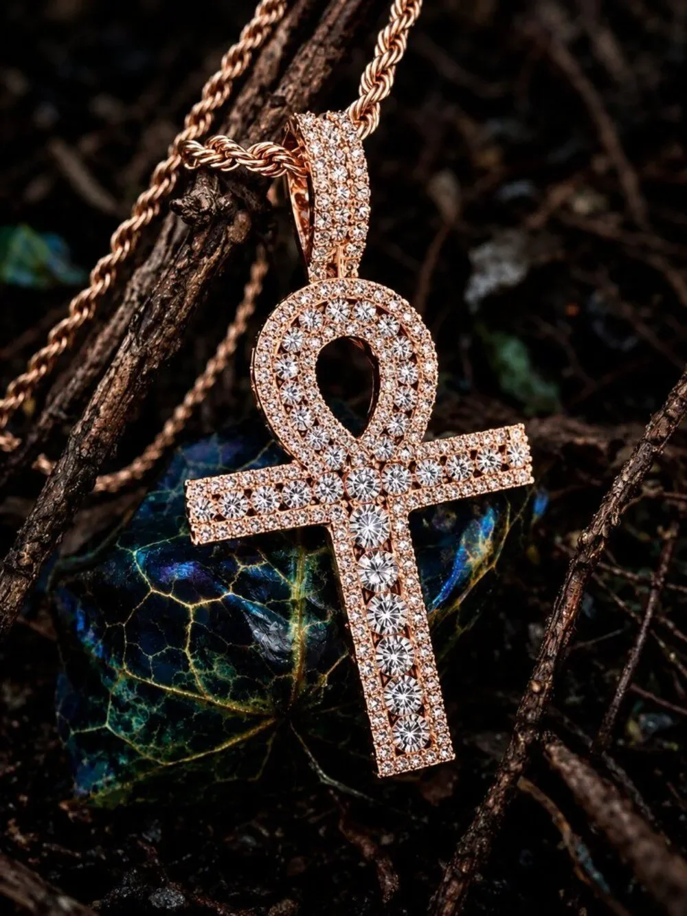 Rose Gold Channel Set Ankh Necklace